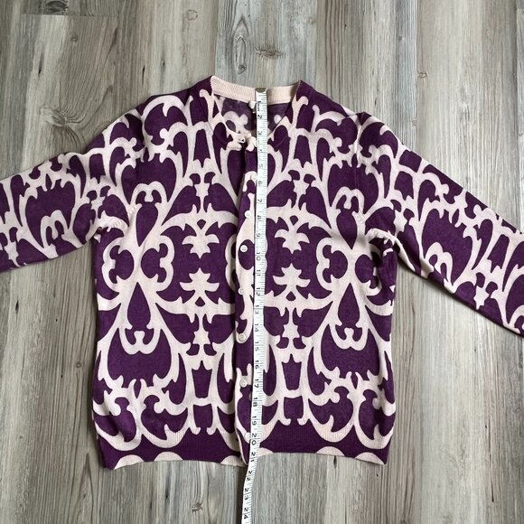 J. Crew Purple & White Merino Wool Cardigan with 3/4 Sleeves, Size Large - Picture 7 of 9